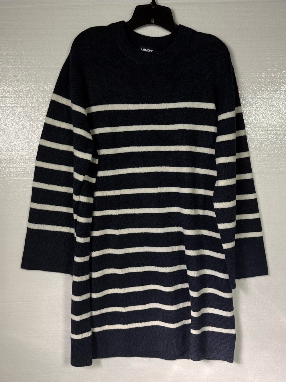 Lands’ End Sweater Dress Women L 12-14 Blue White Striped Long Sleeve Nautical